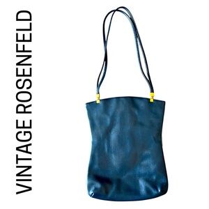 VINTAGE BAG 70s ROSENFELD Navy Blue Leather Tote Minimalist Design Gold Metal